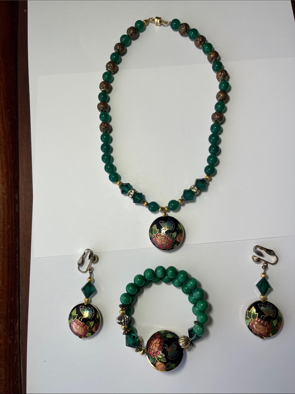 Green Cloisonné Floral Bead Jewelry Set - Necklace, Bracelet & Earrings